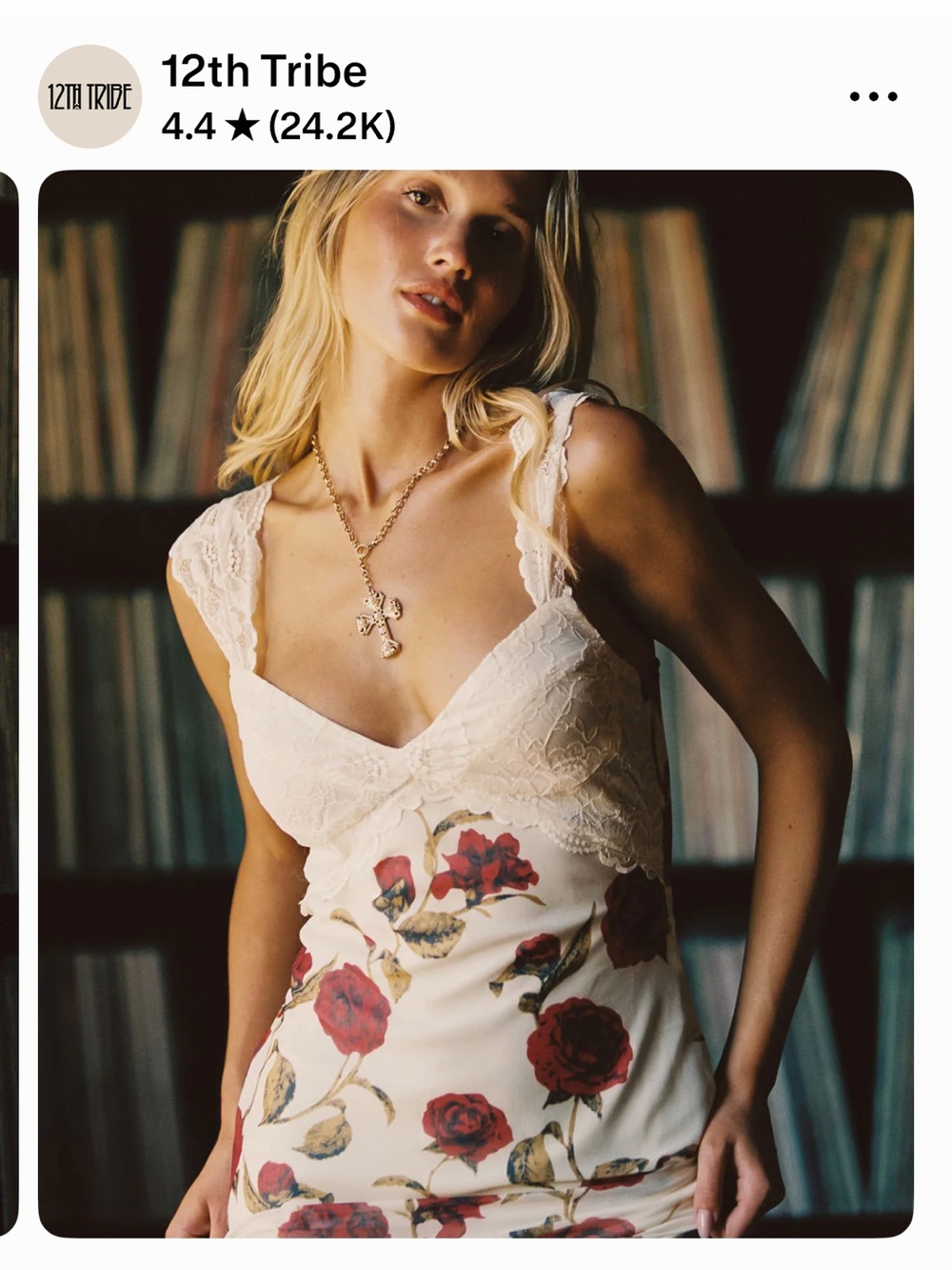 12th Tribe Cream Slip Dress with Red Rose Print and Lace - Picture 9 of 10